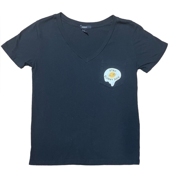 FOREVER 21 Womens Black Solid V-Neck Graphic T-shirt with pocket Small Cotton - Picture 7 of 16